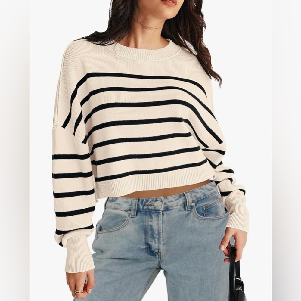 Women's Long Sleeve Crew Neck Striped Crop Sweater Ribbed Knit Pullover